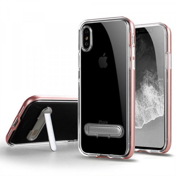 Wholesale iPhone Xs Max Clear Armor Bumper Kickstand Case (Rose Gold)